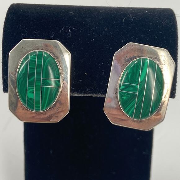 Sterling Silver Malachite square stud earrings - Picture 2 of 4